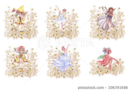 Composition of dancing ballerina with butterflies. Hand drawn classic ballet performance, pose. Young pretty ballerina women illustration. Can be used for postcard and posters. 106391686
