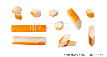 Crab Stick Isolated, Orange Crabstick Closeup, Crabmeat Food, Crabmeat Fish Sticks, Crab Sticks Crab Stick Isolated, Orange Crabstick Closeup, Crabmeat Food, Crabmeat Fish Sticks, Crab Sticks 106391793
