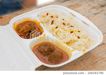 Kofta and Kabuli Pulao, Afghani Cuisine with Lamb Meat Balls, Pilaf or Pilau, Traditional Afghanistan Pilaw 106391796