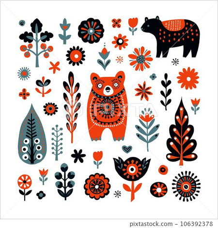 Simple minimalist Scandinavian pattern with bears, christmas forest, flowers Simple minimalist Scandinavian pattern with bears, christmas forest, flowers 106392378