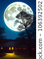 Happy Halloween horror night full moon forest house castle in the forest. AI generated 106392502