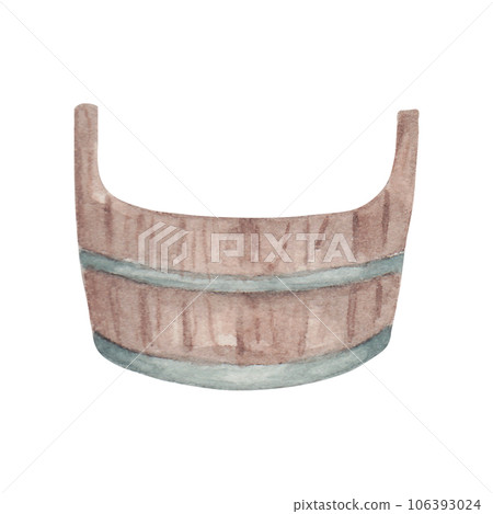 Wooden garden bucket. Container or empty bucket for harvesting. Garden equipment in vintage style. Watercolor illustration. Hand drawn isolated art 106393024