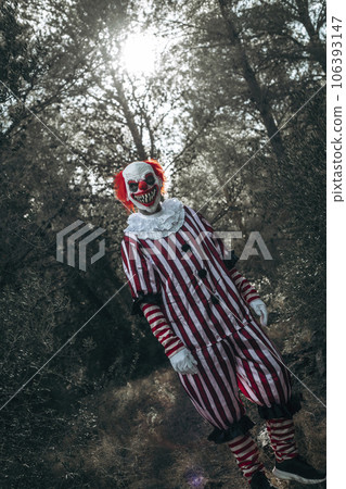 mad evil redhead clown stands in the woods 106393147