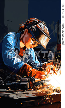 Woman welder welds steel, 106393186