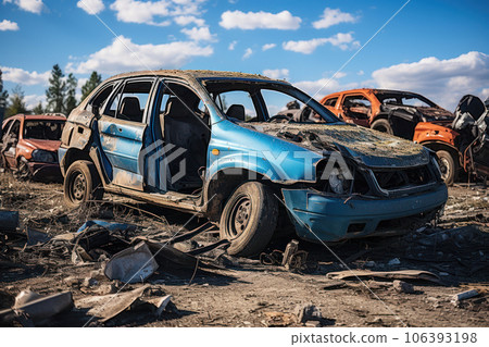 Crushed cars at a scrap yard Crushed cars at a scrap yard 106393198