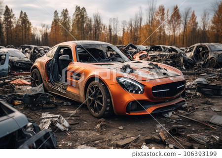 Crushed cars at a scrap yard 106393199