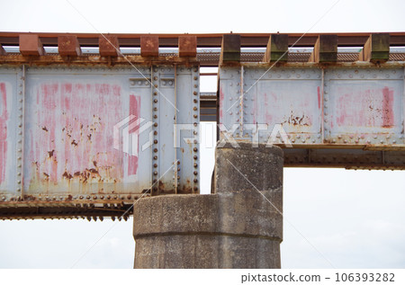 Railway bridge looking up from the riverbed Railway bridge looking up from the riverbed 106393282