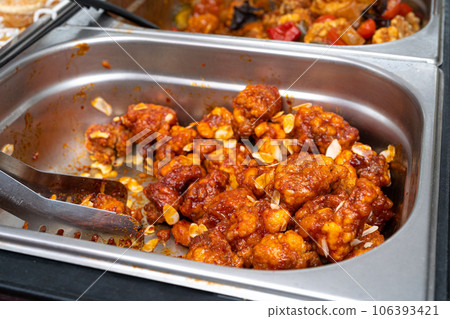 Red Hot Meat Balls on Street Food Market, Sweet Bbq Pork In Sauce, Chinese Meal With Condiments Red Hot Meat Balls on Street Food Market, Sweet Bbq Pork In Sauce, Chinese Meal With Condiments 106393421