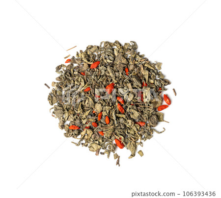 Green Tea Leaves Mix Isolated, Dry Fresh Herbal Tea Pile, Healthy Drink Ingredient, Green Tea Leaves on White 106393436