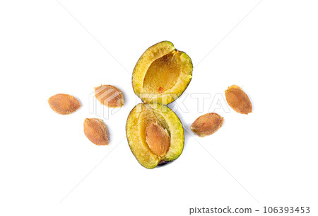 Plum Pits, Fruit Kernels Group, Plum Seeds Collection, Apricot Kernels, Plant Bones Plum Pits, Fruit Kernels Group, Plum Seeds Collection, Apricot Kernels, Plant Bones 106393453