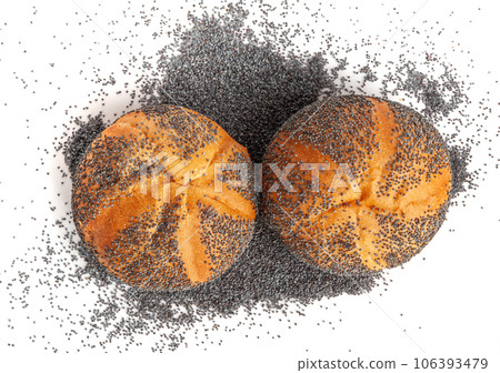 Poppy Seed Bread Isolated, Kaiser Roll, Seeds Breakfast Bun, Poppyseed Round Bagel, Poppy Seed Bun Poppy Seed Bread Isolated, Kaiser Roll, Seeds Breakfast Bun, Poppyseed Round Bagel, Poppy Seed Bun 106393479