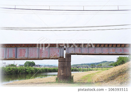 Railway bridge looking up from the riverbed (illustration style) 106393511