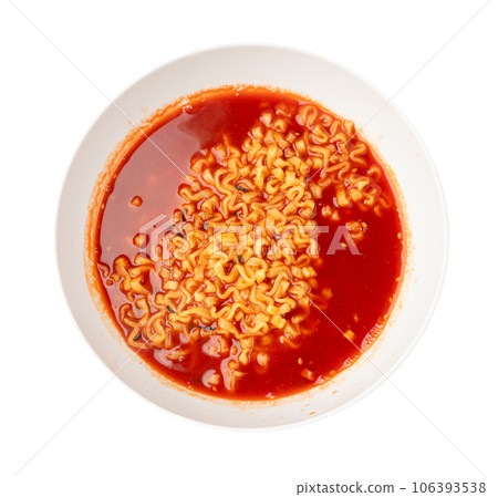 Spicy Ramen, Red Hot Noodle Soup in White Bowl Isolated Top View, Hot Chili Pepper Ramen Spicy Ramen, Red Hot Noodle Soup in White Bowl Isolated Top View, Hot Chili Pepper Ramen 106393538
