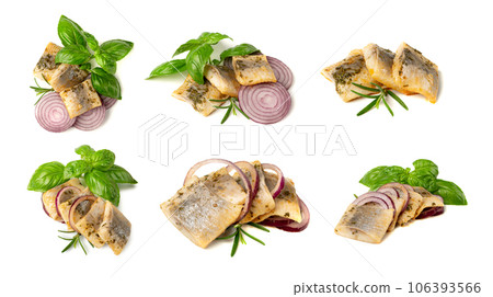 Salted Herring Fillet Isolated, Raw Pickled Fish Meat, Marinated Herring on White Background 106393566