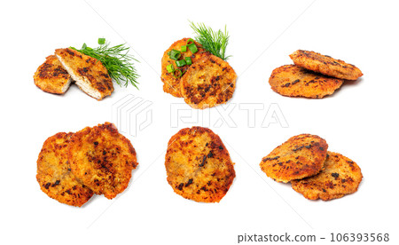 Schnitzel Isolated, Roasted Breaded Chicken Fillet, Homemade Escalope, Viennese Schnitzel on White 106393568