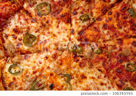 Pepperoni Pizza with Pickled Hot Jalapeno Peppers in Cardboard Delivery Box, Salami Pizza Pepperoni Pizza with Pickled Hot Jalapeno Peppers in Cardboard Delivery Box, Salami Pizza 106393593