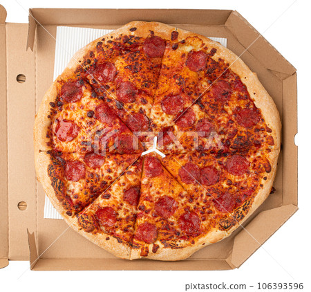 Pepperoni Pizza with Pickled Hot Jalapeno Peppers in Cardboard Delivery Box, Salami Pizza Pepperoni Pizza with Pickled Hot Jalapeno Peppers in Cardboard Delivery Box, Salami Pizza 106393596