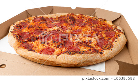 Pepperoni Pizza with Pickled Hot Jalapeno Peppers in Cardboard Delivery Box, Salami Pizza Pepperoni Pizza with Pickled Hot Jalapeno Peppers in Cardboard Delivery Box, Salami Pizza 106393598