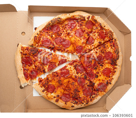 Pepperoni Pizza with Pickled Hot Jalapeno Peppers in Cardboard Delivery Box, Salami Pizza 106393601