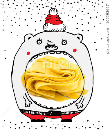 Food Art Pasta, Raw Pappardelle and Funny Animal, Fun Yellow Italian Pasta Fettuccine or Tagliatelle 106393667