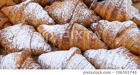 Many Croissant at Street Market, Fresh Puff Pastry Pies, Sweet Kipferls, Buttery Chocolate-Nutty Viennoiseries 106393748