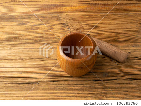 Wooden Mortar Isolated, Wood Pounder and Pestle, Empty Mortar Bowl, Vintage Kitchen Equipment Wooden Mortar Isolated, Wood Pounder and Pestle, Empty Mortar Bowl, Vintage Kitchen Equipment 106393766
