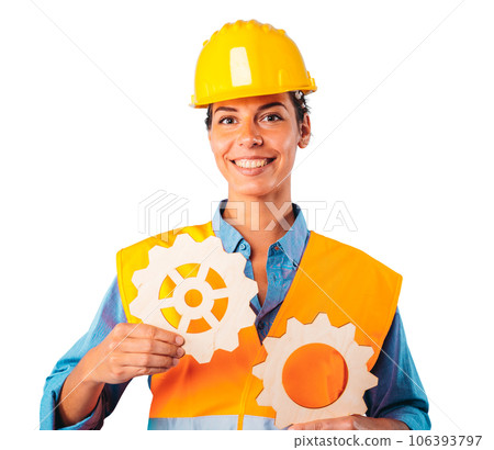 Engineer woman joins pieces of gears as concept of partnership and integration Engineer woman joins pieces of gears as concept of partnership and integration 106393797