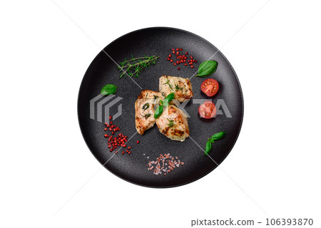 Delicious juicy chicken, turkey skewers with salt, spices and herbs 106393870