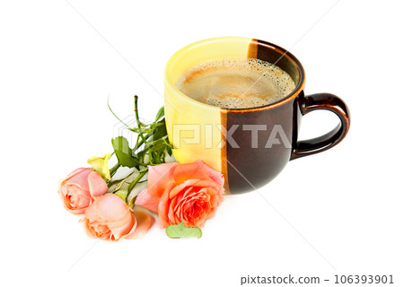 Cup with hot chocolate and bouquet of roses isolated on white . Cup with hot chocolate and bouquet of roses isolated on white . 106393901