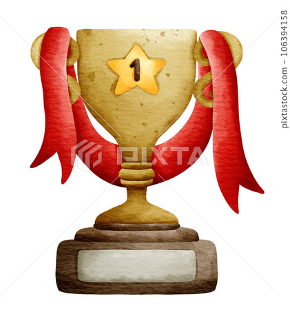 Isolated cute golden trophy with number 1 star and red ribbon in watercolor style and transparent background 106394158