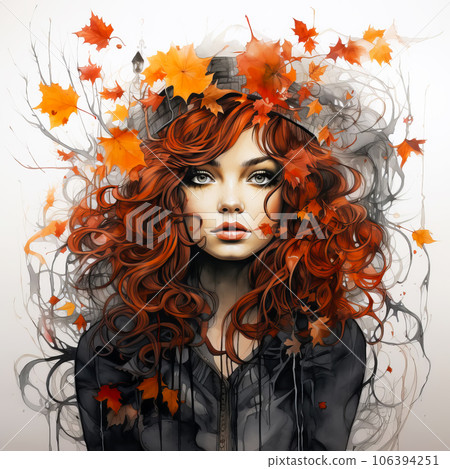 Watercolor portrait of beautiful woman in autumn leaves Watercolor portrait of beautiful woman in autumn leaves 106394251