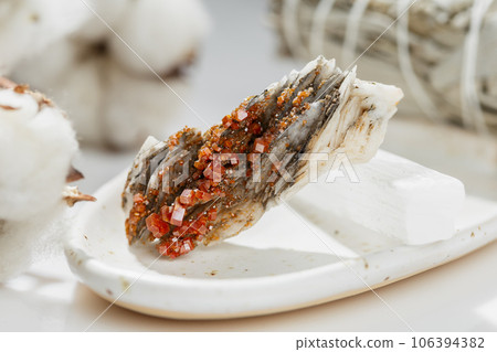 Red Vanadinite Mineral on Matrix of Barite Blades Red Vanadinite Mineral on Matrix of Barite Blades 106394382