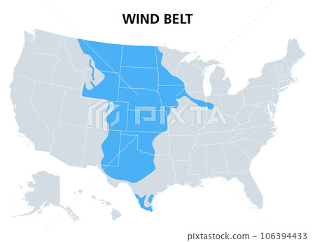 Wind Belt of the United States, political map. Central U.S. Wind Belt, areas with high wind speeds in 80 meters (260 feet) height, suitable to build new wind turbines and to generate more wind energy. 106394433