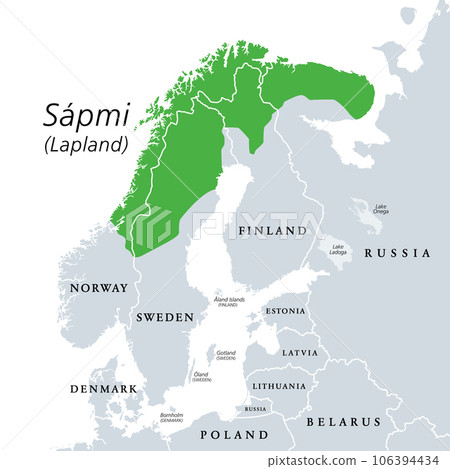 Sapmi, Lapland, gray political map. Cultural region in Northern and Eastern Europe, including the northern parts of Fennoscandia, stretching over the four countries Norway, Sweden, Finland and Russia. Sapmi, Lapland, gray political map. Cultural region in Northern and Eastern Europe, including the northern parts of Fennoscandia, stretching over the four countries Norway, Sweden, Finland and Russia. 106394434