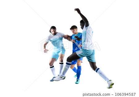 Football  player plays with soccerball in a match 106394587