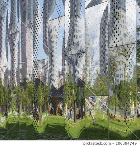 Abstract Exterior of mirror reflective metallic wall building. Abstract background 106394749