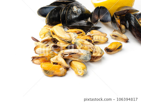 Mussels Pile Isolated, Unshelled Clams, Peeled Mussels, Open Shellfish, Seafood on White Background 106394817