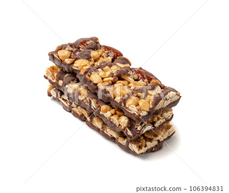Nut Bar Isolated, Energy Snack with Nuts, Chocolate Muesli Dessert, Protein Candy Bar, Fitness Breakfast Nut Bar Isolated, Energy Snack with Nuts, Chocolate Muesli Dessert, Protein Candy Bar, Fitness Breakfast 106394831