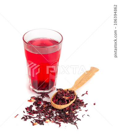 Hibiscus Tea, Dry Rose Drink, Cold Fruit Red Tea in Transparent Mug, Roselle Hibiscus Tea 106394862