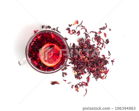 Hibiscus Tea, Dry Rose Drink, Cold Fruit Red Tea in Transparent Mug, Roselle Hibiscus Tea 106394863