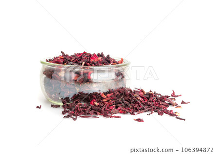 Dry Hibiscus Tea Isolated, Dry Rose Petals, Fruit Red Tea, Karkade Leaves, Dried Herbal Drink, Roselle Petal Dry Hibiscus Tea Isolated, Dry Rose Petals, Fruit Red Tea, Karkade Leaves, Dried Herbal Drink, Roselle Petal 106394872