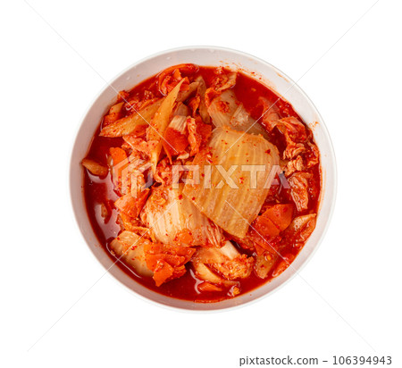 Kimchi Isolated, Kimchee in White Bowl, Red Spicy Kim Chi, Hot Fermented Napa Cabbage, Traditional Jimchi 106394943