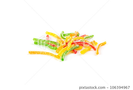 Rainbow Gummy Candy Pile Isolated, Sour Jelly Candies Strips in Sugar Sprinkle, Colorful Striped Marmalade Rainbow Gummy Candy Pile Isolated, Sour Jelly Candies Strips in Sugar Sprinkle, Colorful Striped Marmalade 106394967