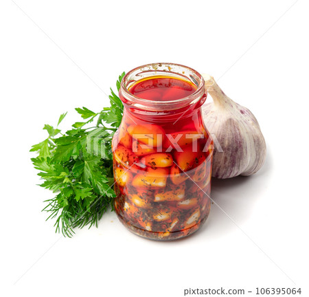 Pickled Garlic, Fermented Garlic Cloves with Red Chili Pepper, Hot Pickle Vegetable, Spices Garlic Cloves 106395064