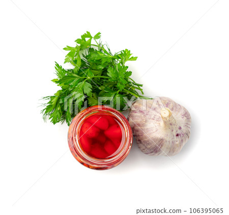 Pickled Garlic, Fermented Garlic Cloves with Red Chili Pepper, Hot Pickle Vegetable, Spices Garlic Cloves Pickled Garlic, Fermented Garlic Cloves with Red Chili Pepper, Hot Pickle Vegetable, Spices Garlic Cloves 106395065