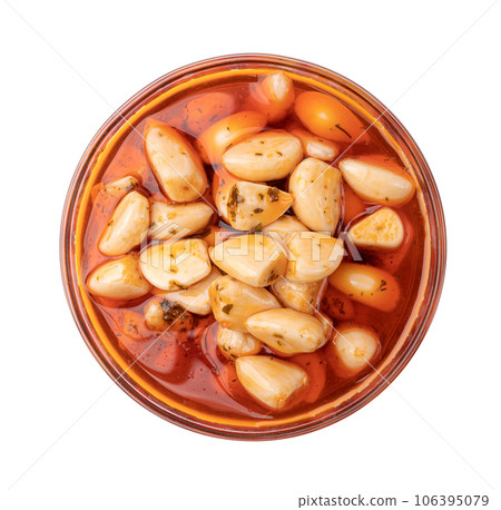 Pickled Garlic, Fermented Garlic Cloves with Red Chili Pepper, Hot Pickle Vegetable, Spices Garlic Cloves 106395079