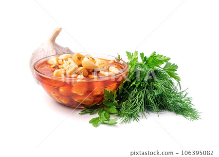 Pickled Garlic, Fermented Garlic Cloves with Red Chili Pepper, Hot Pickle Vegetable, Spices Garlic Cloves 106395082