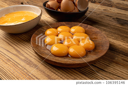 Egg Yolks in Bowl, Fresh Chicken Egg Yolk Separated from Whites for Cooking Recipe, Organic Yolks Top View Egg Yolks in Bowl, Fresh Chicken Egg Yolk Separated from Whites for Cooking Recipe, Organic Yolks Top View 106395146