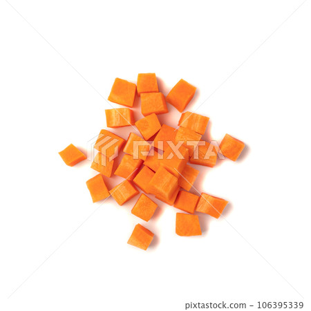 Fresh Diced Carrot, Raw Carrot Cubes Closeup, Chopped Orange Root Vegetable, Diced Carrots Pile 106395339