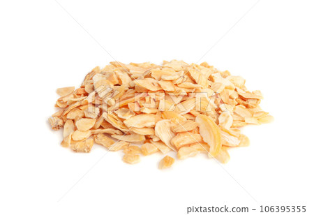Dry Garlic Slices, Crispy Fried Cloves Pile Closeup, Roasted Grilled Garlic Flakes, Clove Chip Group Dry Garlic Slices, Crispy Fried Cloves Pile Closeup, Roasted Grilled Garlic Flakes, Clove Chip Group 106395355